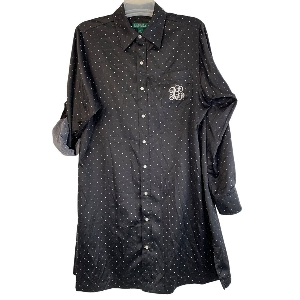 Lauren Ralph Lauren Black Polka Dot Long Sleeve Sleep Shirt Monogram Pocket L